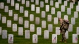 FILE - A member of The Old Guard, places flags in front of each headstone for "Flags-In" at Arlington National Cemetery in Arlington, May 25, 2023, to honor the Nation's fallen military heroes ahead of Memorial Day. (AP Photo/Andrew Harnik, file)