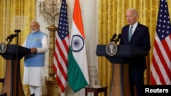印度总理莫迪与美国总统拜登在白宫出席联合记者会。（2023年6月22日）