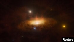 An undated artist's impression shows the growing disc of material being pulled in by the black hole as it feeds on the gas available in its surroundings, making the galaxy SDSS1335+0728 light up. (ESO/M. Kornmesser/Handout via REUTERS)