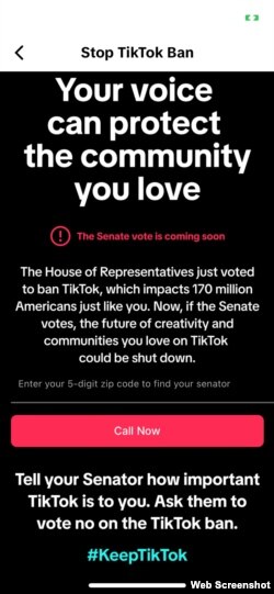 TikTok在其应用软件上鼓励用户给议员打电话。图片来源：TikTok应用截屏。