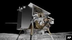 This illustration provided by Astrobotic Technology in 2024 depicts the Peregrine lunar lander on the surface of the moon. Its expected launch date is Monday, Jan. 8, 2024. (Astrobotic Technology via AP)