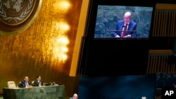 2022年3月23日，俄罗斯常驻联合国代表瓦西里·涅边贾在联合国总部的联合国大会上发言。（美联社）