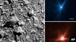 FILE - This combination of images provided by NASA shows three different views of the DART spacecraft's impact on the asteroid Dimorphos on Monday, Sept. 26, 2022. (NASA via AP)
