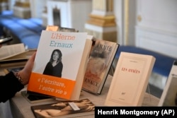Books by French author Annie Ernaux displayed in Borshuset, Stockholm, Sweden, Thursday, Oct. 6, 2022. (Henrik Montgomery/TT News Agency via AP)