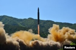 The intercontinental ballistic missile Hwasong-14 is seen during its test in this undated photo released by North Korea's Korean Central News Agency (KCNA) in Pyongyang, July 5 2017