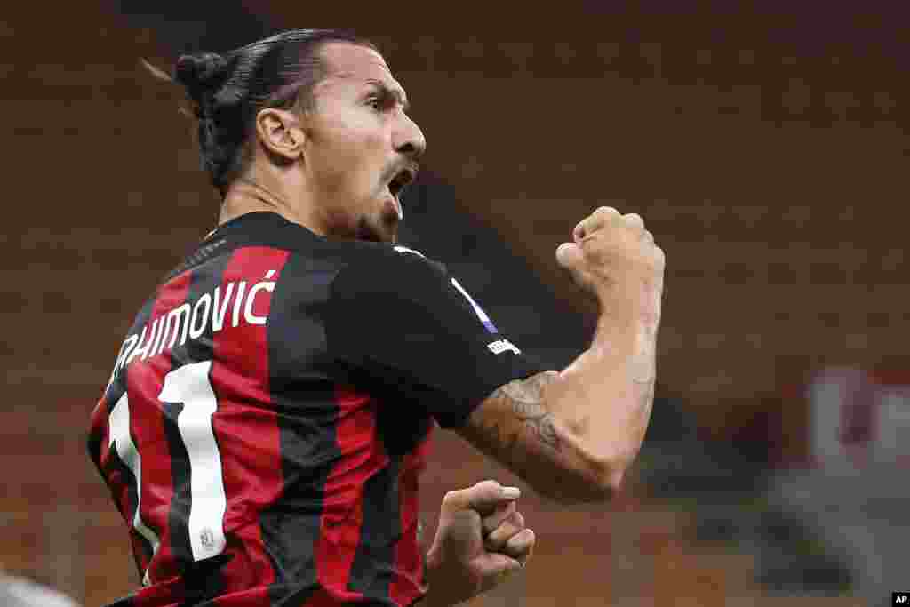 Zlatan Ibrahimovic, AC Milan - Striker AC Milan striker Zlatan Ibrahimovic tested positive for the coronavirus in September saying, &quot;COVID had the courage to challenge me. Bad idea.&quot;. He recovered from the infection in time to play against Inter Milan in the Derby della Madonnina on Oct. 17. Photo: AC Milan&#39;s Zlatan Ibrahimovic celebrates his goal against Bologna during the Serie A soccer match between AC Milan and Bologna at the San Siro stadium, in Milan, Italy, Monday, Sept. 21, 2020. (AP Photo/Antonio Calanni)
