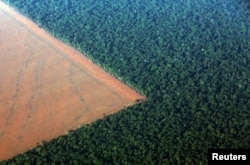 The Amazon rain forest (R), bordered by deforested land prepared for the planting of soybeans, is pictured in this aerial photo taken over Mato Grosso state in western Brazil, October 4, 2015.