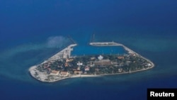 An aerial view of Southwest Cay, also known as Pugad Island, controlled by Vietnam and part of the Spratly Islands in the disputed South China Sea, April 21, 2017.