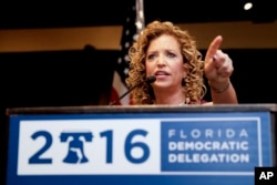 DNC Chairwoman, Debbie Wasserman Schultz, D-Fla., speaks during a Florida delegation breakfast, Monday, July 25, 2016, in Philadelphia, during the first day of the Democratic National Convention. (AP Photo/Matt Slocum)