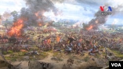 A mural of Angkorian civil war at the North Korea’s Angkor Panorama Museum.