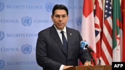 Israeli Ambassador to the UN Danny Danon speaks to media at United Nations Headquarters on October 7, 2024 in New York City.