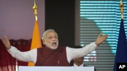 Indian Prime Minister Narendra Modi speaks during the foundation stone laying for the headquarters of the International Solar Alliance at Gurgaon, outskirts of New Delhi, India, Jan. 25, 2016.