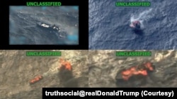 特朗普总统在真相社交上发布的有关恐怖分子的船只在海上被炸毁并被大火吞没的航拍视频截图。(拼贴图片由VOA制作)