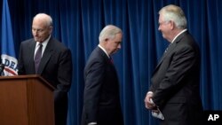 From left, Homeland Security Secretary John Kelly, Attorney General Jeff Sessions and Secretary of State Rex Tillerson, take turns speaking during a news conference at the U.S. Customs and Border Protection office, Monday, March 6, 2017, after President Donald Trump signed a revised travel ban. (AP Photo/Susan Walsh)