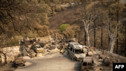 24일 산불이 지나간 미국 캘리포니아주 베커빌의 주택과 차들이 불에 탔다.