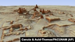 This computerized image provided by Guatemala's Maya Heritage and Nature Foundation, PACUNAM, shows a representation of the Maya archaeological site at Tikal created using LiDAR.