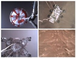 This combination of images from video made available by NASA shows steps in the descent of the Mars Perseverance rover as it approaches the surface of the planet on Feb. 18, 2021.