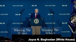 2025年7月23日，特朗普总统在华盛顿特区安德鲁·梅隆礼堂举行的白宫人工智能峰会上发表讲话。