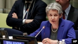 Irina Bokova, directrice générale de l'Unesco, donne un discours devant les membres de l'ONU, le 12 avril 2016.