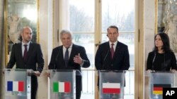 Главы МИД стран-участниц совещания в Варшаве. 19 ноября 2024 г. Слева направо: Жан-Ноэль Барро (Франция), Антонио Таяни (Италия), Радослав Сикорски (Польша) и Анналена Бербок (Германия) 