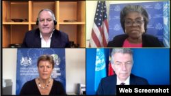 美国、英国和德国常驻联合国代表5月12日在联合国新疆人权网络会议上发言（Zoom视频会议截图）